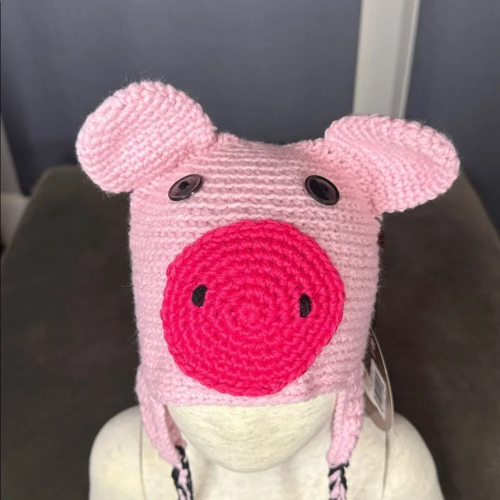 Daisy Baby Kids Crocheted Piglet Hat Beanie with Ear Flaps 2-8 years NWT